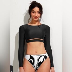 Black Long Sleeve Crop Top with Black and White Swirl Bikini Bottom